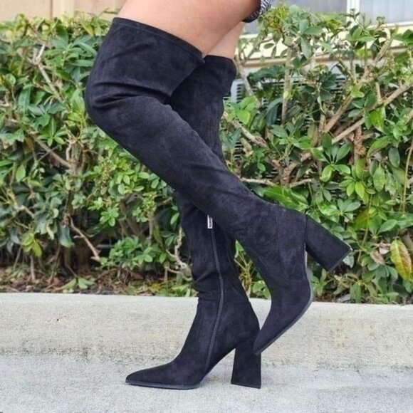 Women's Black Over The Knee pointed Chunky Block Heel Boots - Picture 1 of 6